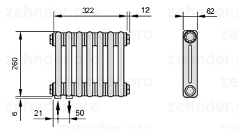 Схема (чертеж) Радиатор Zehnder Charleston 2026/7 №3370 Белый глянцевый RAL 9016